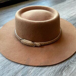 Brown Felt Hat with Brim and Faux Braided Leather Trim